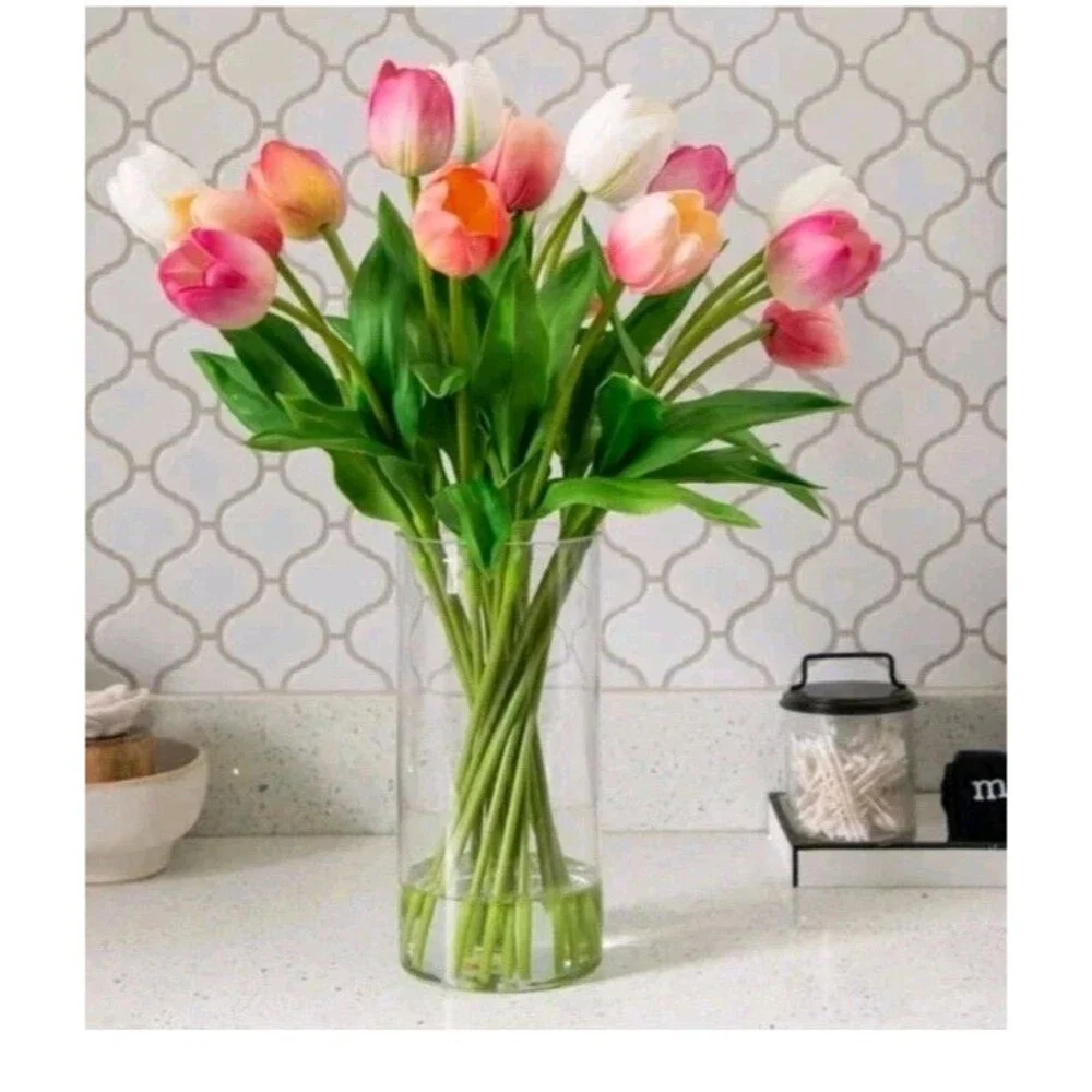 TULIPS FAKE ARTIFICIAL FLOWER FLORAL ARRANGEMENT SILK FLOWERS CERAMIC VASE NEW